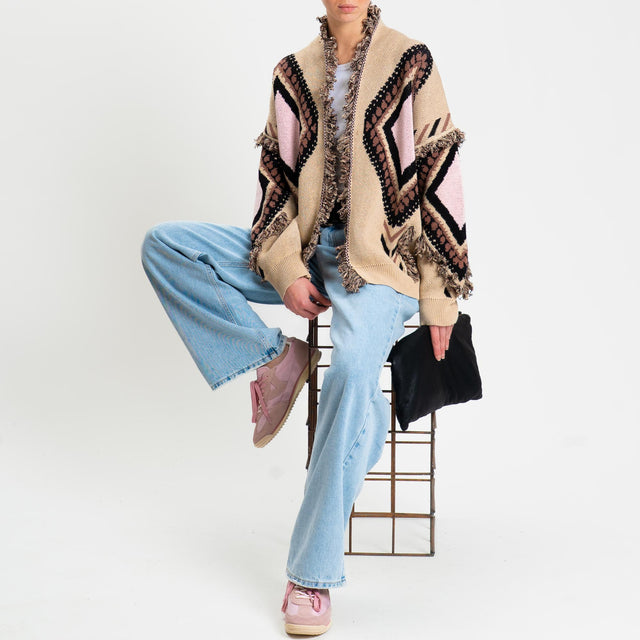 Tensione in-Cardigan rombi con frange - pink/beige/nero