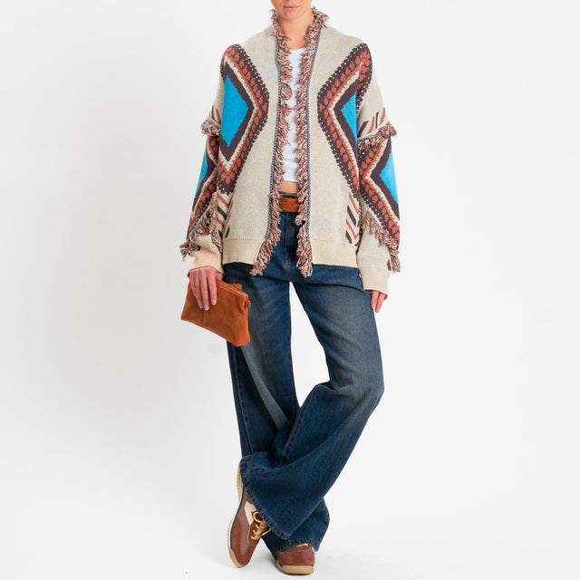 Tensione in-Cardigan rombi con frange - beige/moro/turchese