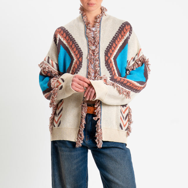 Tensione in-Cardigan rombi con frange - beige/moro/turchese
