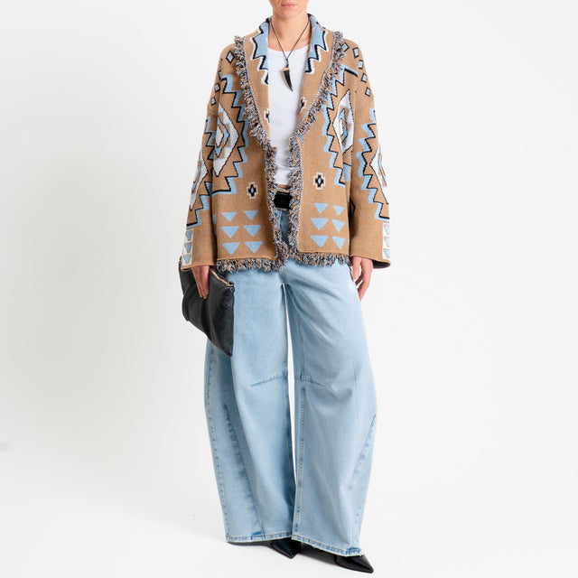 Tensione in-Cardigan jaquard alanui con frange - camel/cielo/latte