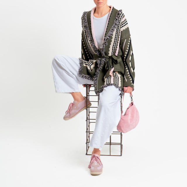 Tensione in-Cardigan jaquard sfrangiato con cintura - militare/rosa/beige