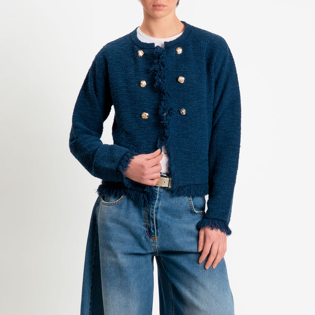 Tensione in-Giacca in maglia bouclè con frange - blu