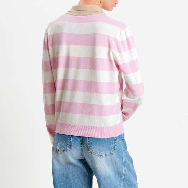 Tensione in-Maglia collo polo a righe - camel/pink/latte
