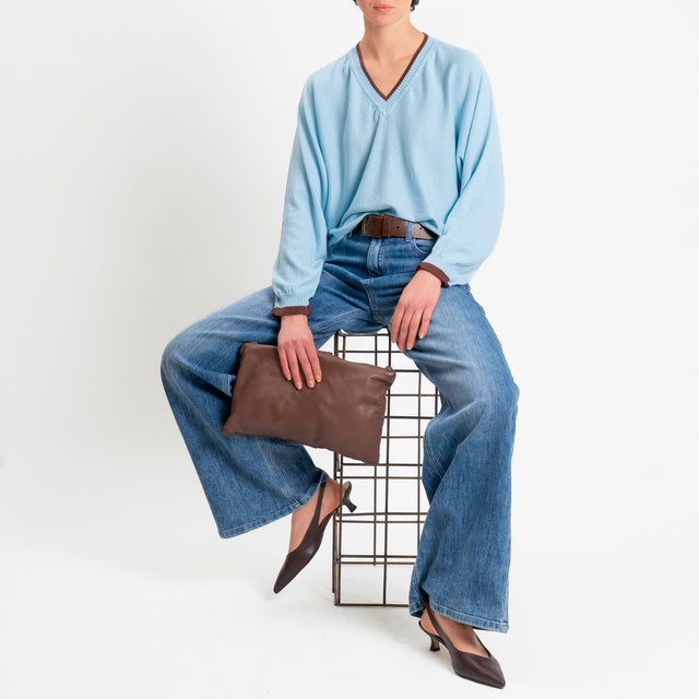 Tensione in-Maglia scollo a v over in cotone - light blue/brown