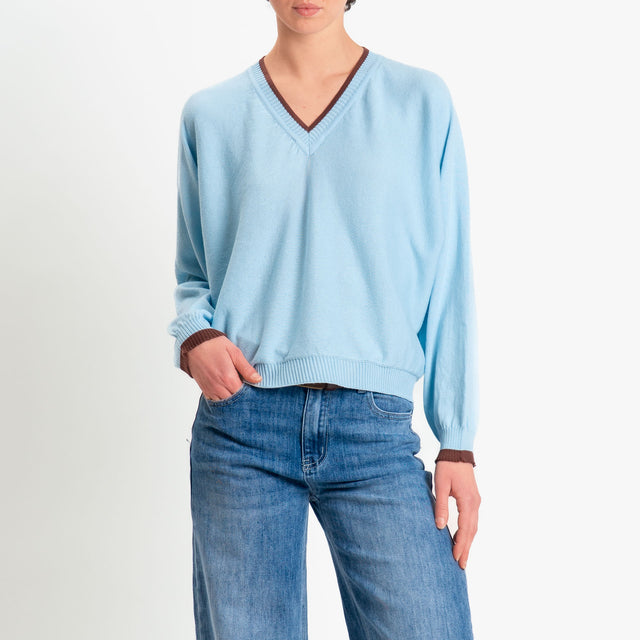 Tensione in-Maglia scollo a v over in cotone - light blue/brown