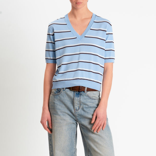 Tensione in-Maglia righe scollo v mezza manica - azzurro/bianco/moro