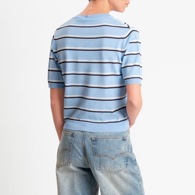 Tensione in-Maglia righe scollo v mezza manica - azzurro/bianco/moro