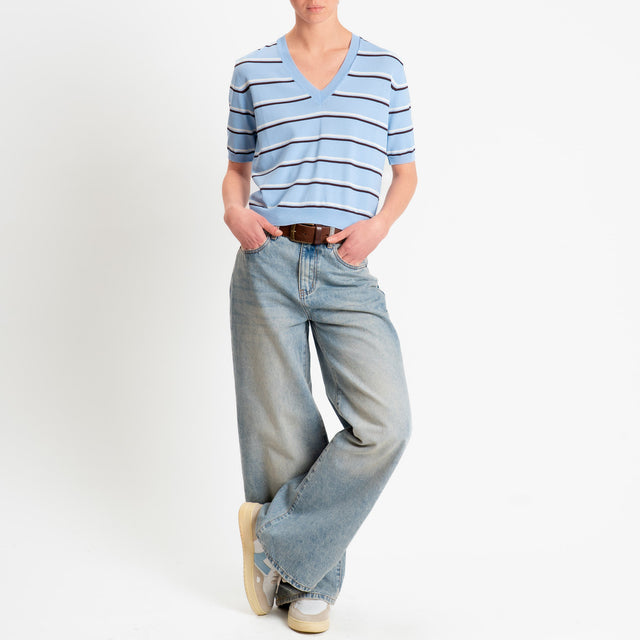 Tensione in-Maglia righe scollo v mezza manica - azzurro/bianco/moro