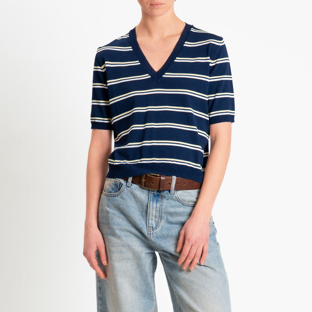 Tensione in-Maglia righe scollo v mezza manica - blu/yellow/bianco