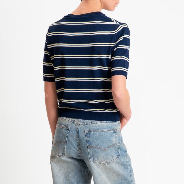 Tensione in-Maglia righe scollo v mezza manica - blu/yellow/bianco