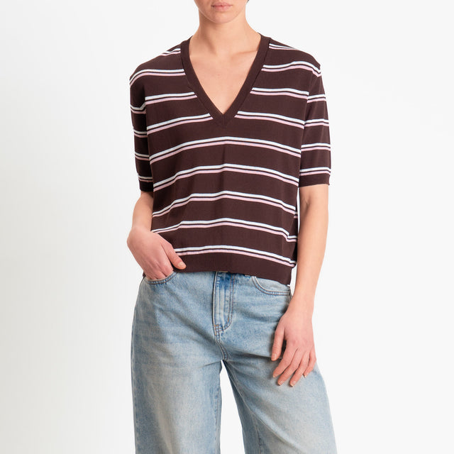 Tensione in-Maglia righe scollo v mezza manica - moro/bianco/rosa