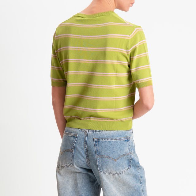 Tensione in-Maglia righe scollo v mezza manica - olio/rosa/miele