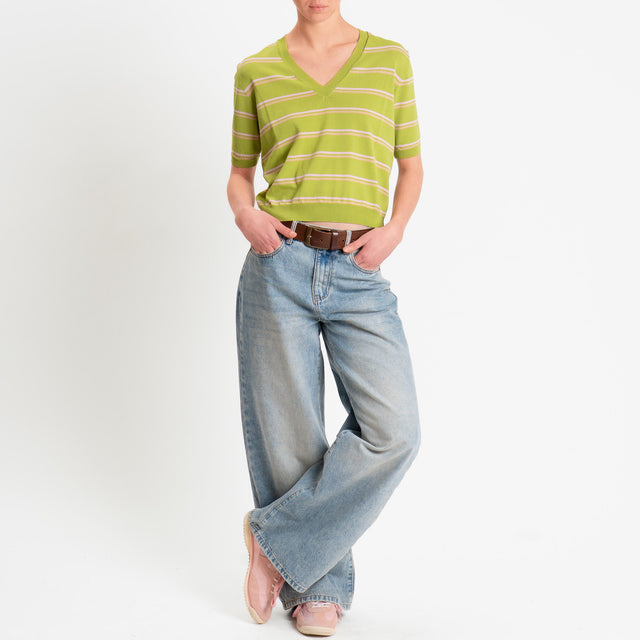 Tensione in-Maglia righe scollo v mezza manica - olio/rosa/miele