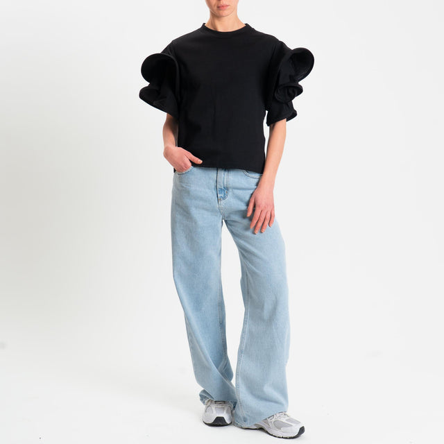 Tensione in-T-shirt mezza manica con rouches - nero