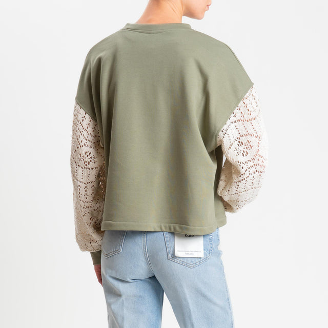 Tensione in-Felpa doppio tessuto manica in pizzo - salvia/burro