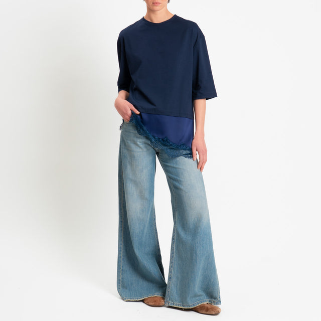 Tensione in-T-shirt doppio tessuto con pizzo - blu/blu