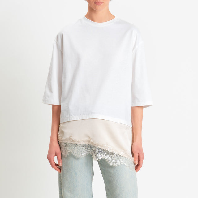 Tensione in-T-shirt doppio tessuto con pizzo - bianco/avorio