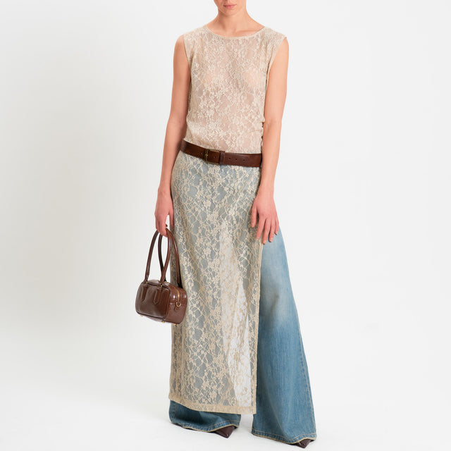 Tensione in-Abito smanicato in pizzo spacco laterale - beige