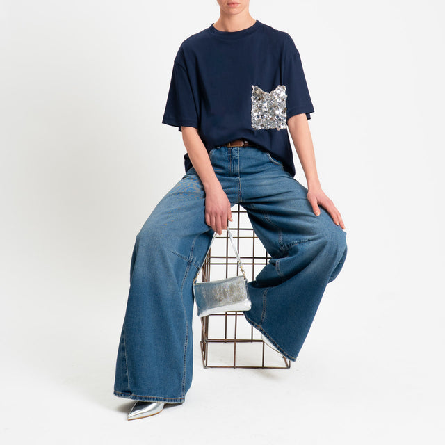 Tensione in-T-shirt tasca paillettes - blu/argento