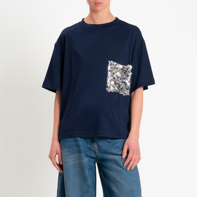 Tensione in-T-shirt tasca paillettes - blu/argento