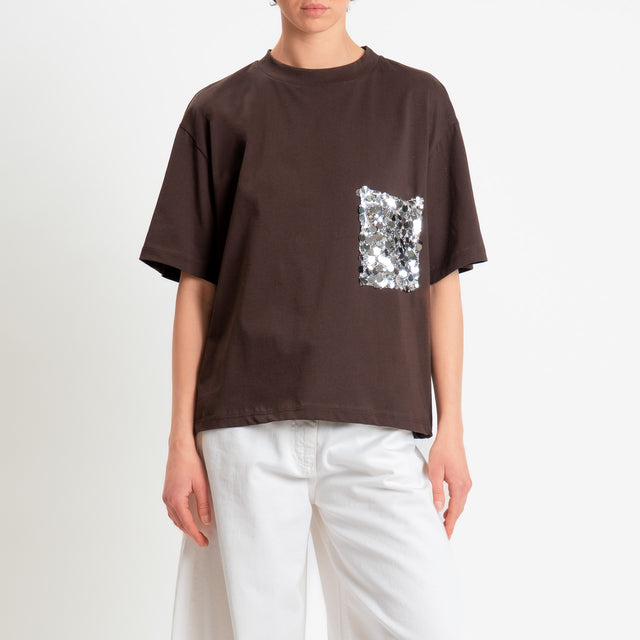 Tensione in-T-shirt tasca paillettes - moro/argento