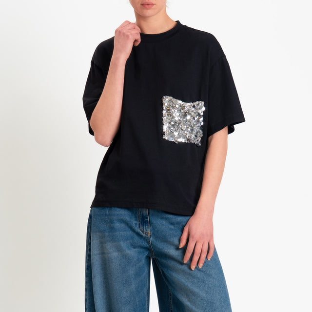 Tensione in-T-shirt tasca paillettes - nero/argento