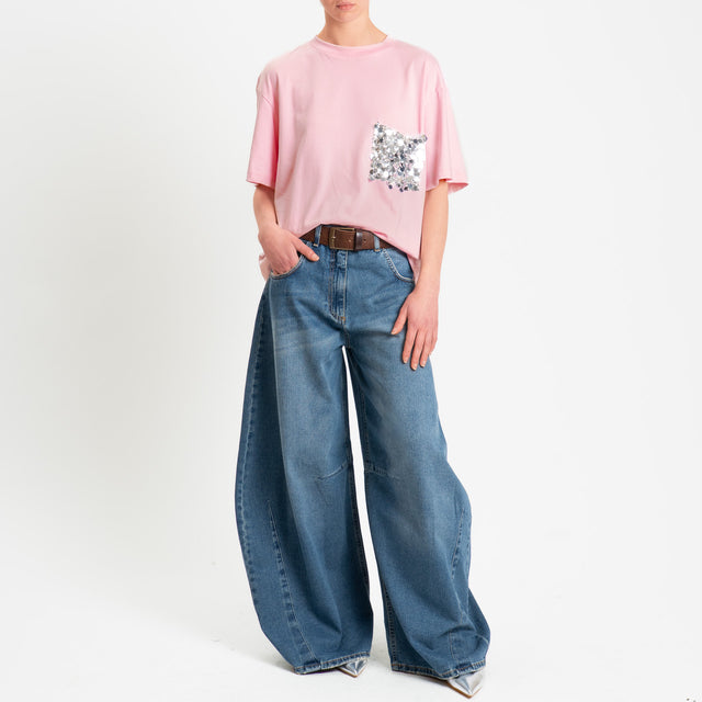 Tensione in-T-shirt tasca paillettes - rosa/argento