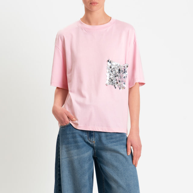 Tensione in-T-shirt tasca paillettes - rosa/argento