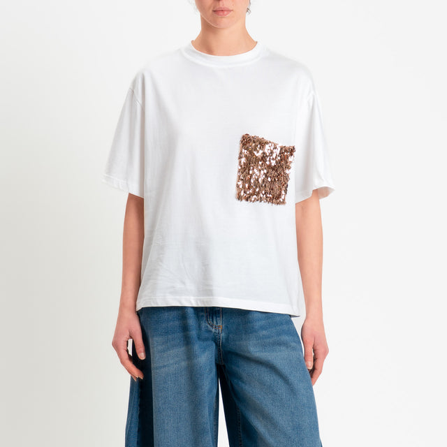 Tensione in-T-shirt tasca paillettes - panna/bronzo