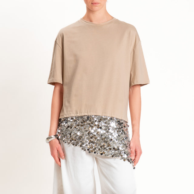 Tensione in-T-shirt doppio tessuto con paillettes - sabbia/argento