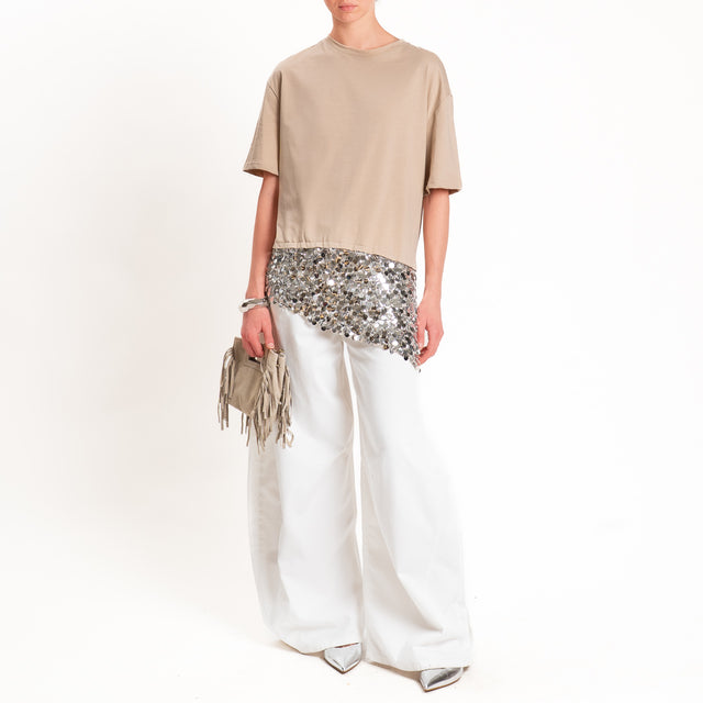 Tensione in-T-shirt doppio tessuto con paillettes - sabbia/argento