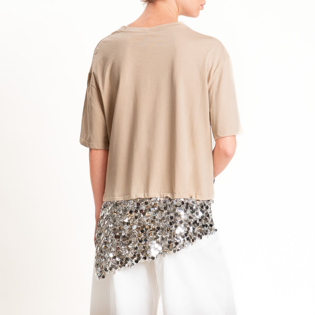 Tensione in-T-shirt doppio tessuto con paillettes - sabbia/argento