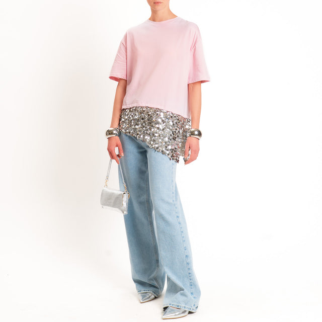 Tensione in-T-shirt doppio tessuto con paillettes - rosa/argento
