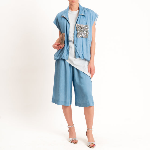 Tensione in-Gilet chambray tasca paillettes - denim chiaro