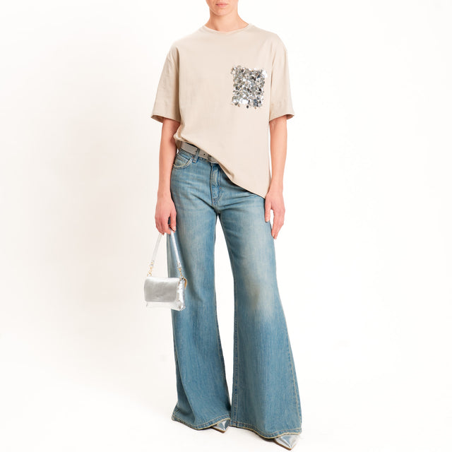 Tensione in-T-shirt asimmetrica tasca paillettes - avorio/argento