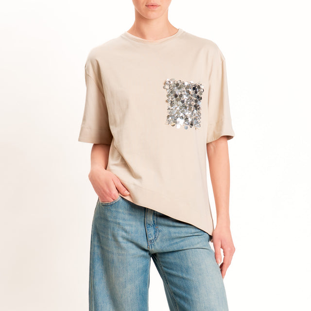 Tensione in-T-shirt asimmetrica tasca paillettes - avorio/argento