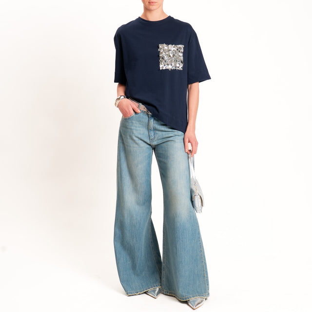Tensione in-T-shirt asimmetrica tasca paillettes - blu/argento