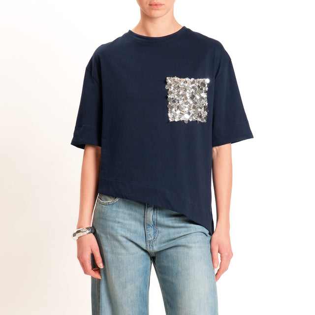 Tensione in-T-shirt asimmetrica tasca paillettes - blu/argento