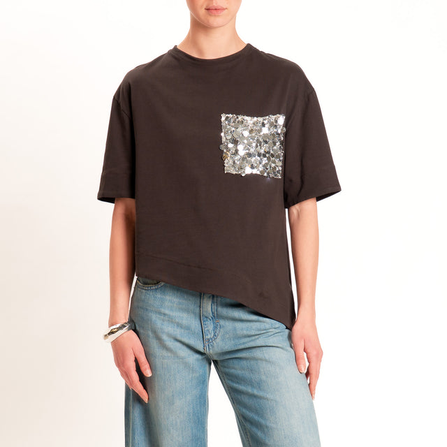 Tensione in-T-shirt asimmetrica tasca paillettes - moro/argento