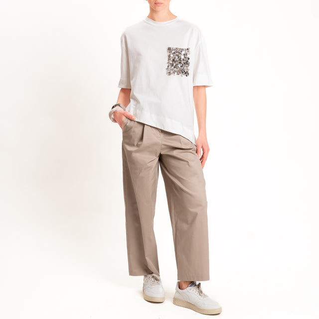Tensione in-T-shirt asimmetrica tasca paillettes - bianco/argento