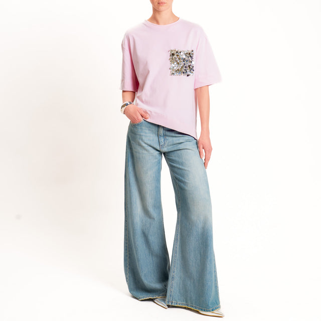 Tensione in-T-shirt asimmetrica tasca paillettes - rosa/argento