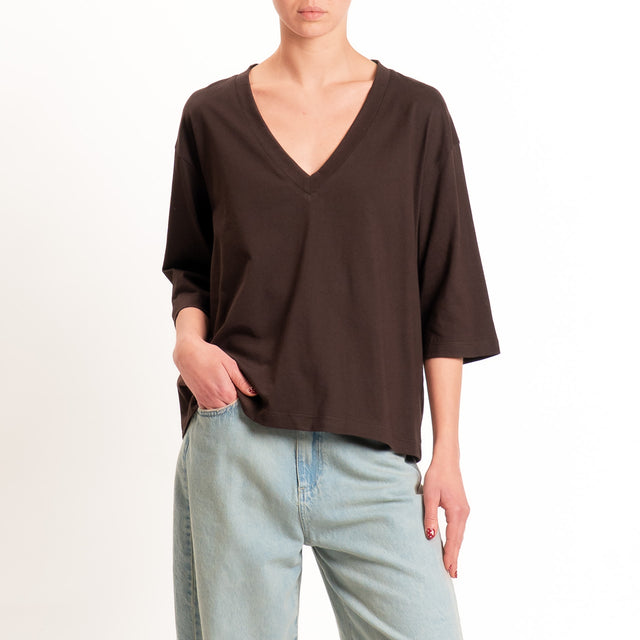Tensione in-T-shirt scollo v manica 3/4 - cioccolato