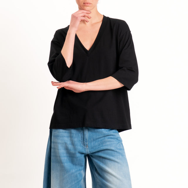 Tensione in-T-shirt scollo v manica 3/4 - nero