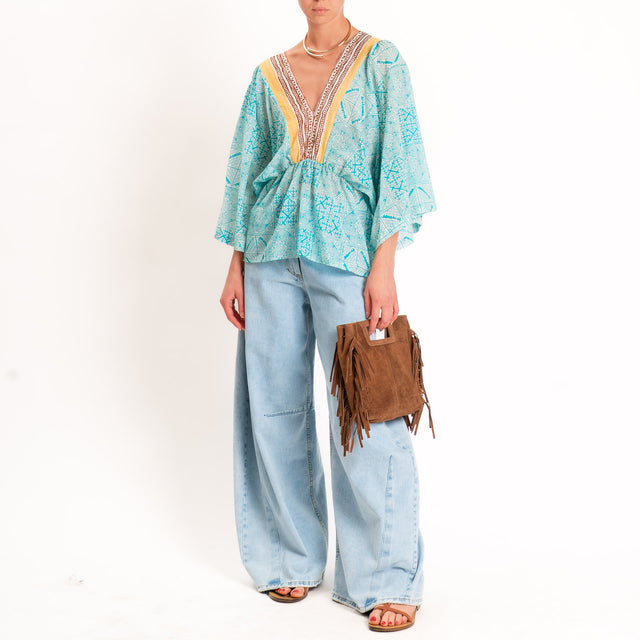 Tensione in-Blusa doppio scollo v fantasia bandana - turchese/giallo/moro