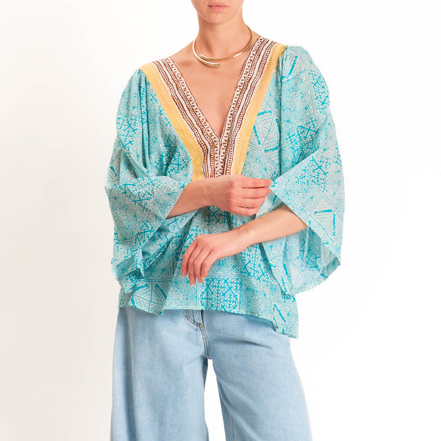Tensione in-Blusa doppio scollo v fantasia bandana - turchese/giallo/moro