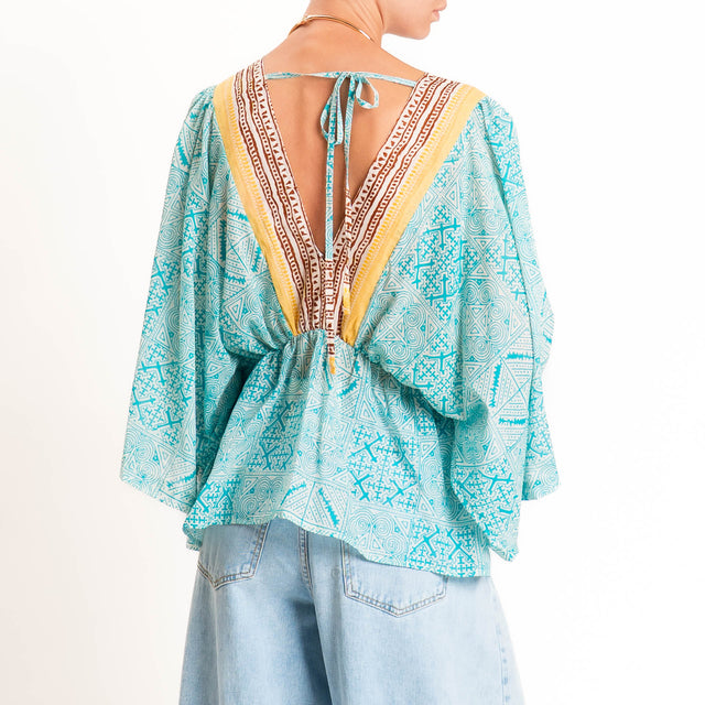 Tensione in-Blusa doppio scollo v fantasia bandana - turchese/giallo/moro