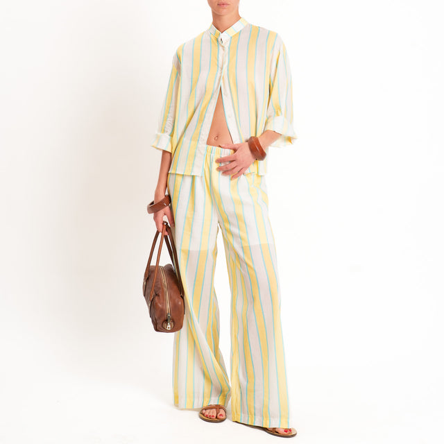 Tensione in-Camicia righe mussola collo coreana - lime/burro/acqua