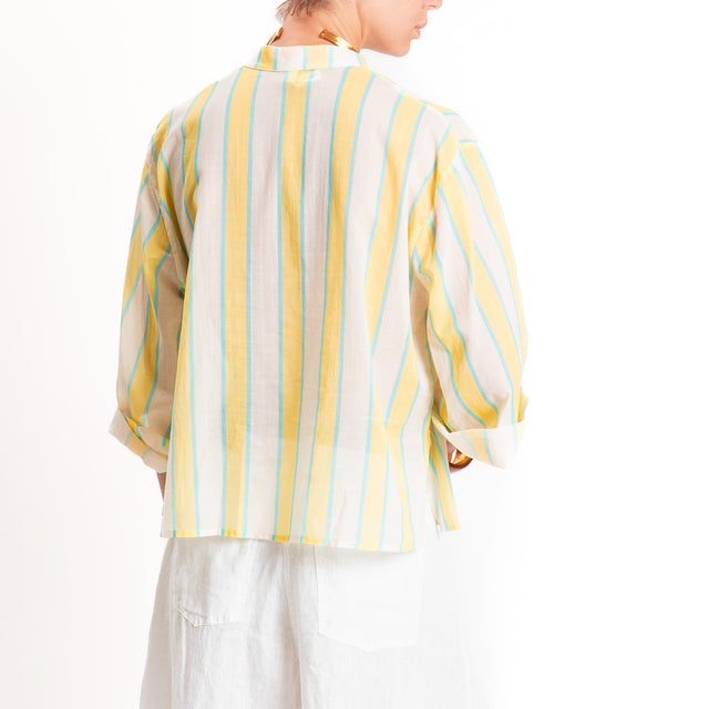 Tensione in-Camicia righe mussola collo coreana - lime/burro/acqua