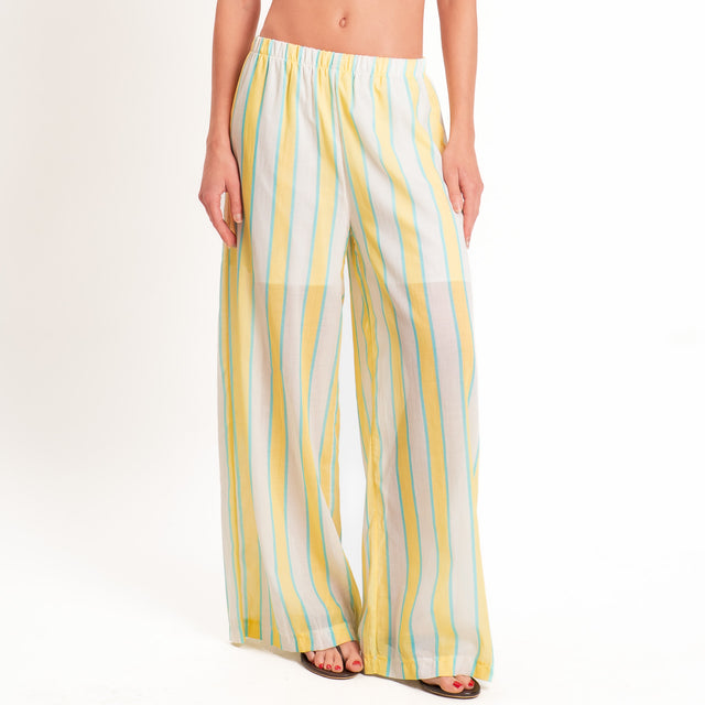 Tensione in-Pantalone righe mussola con elastico - lime/burro/acqua