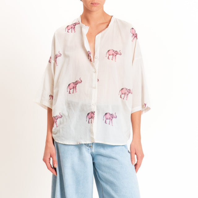 Tensione in-Camicia in mussola fantasia elefanti - burro/rosa